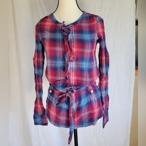 American Eagle blue & pink plaid tie waist button up long sleeve blouse 0